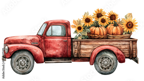Watercolor of a red pickup truck carrying pumpkins and sunflowers.