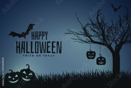 scary night halloween scene with pumpkin and tree