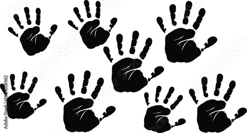 Multiple black handprints arranged on a white background, showing various orientations and slightly overlapping.