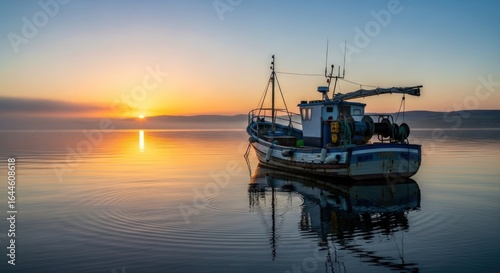 A fishing boat is silhouetted against a vibrant sunrise over the sea, the calm water reflects the golden light, creating a tranquil and picturesque scene, the boat is the only object in the water