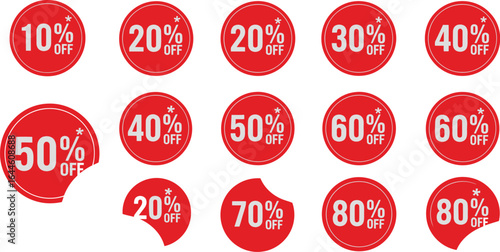 A collection of red circular discount stickers with various percentage off values, ranging from 10% to 80%, displayed on a white background.