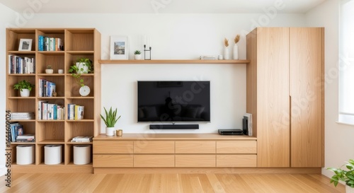 Modern Minimalist Living Room Interior with Wooden Shelving, Entertainment Unit, and Television