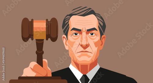 Stern judge holding gavel ready to make a ruling in the courtroom for legal justice