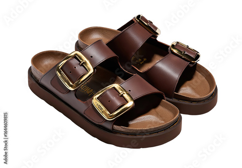 Brown leather sandals with large buckles on a platform sole