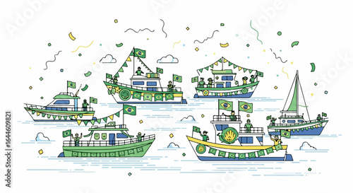 Vibrant fleet celebrates with Brazilian flags and festive decorations on the water