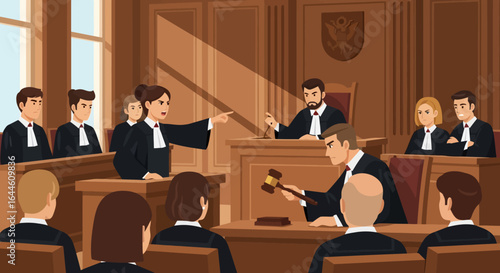 Dramatic courtroom scene with diverse jury and judge presiding over intense legal debate
