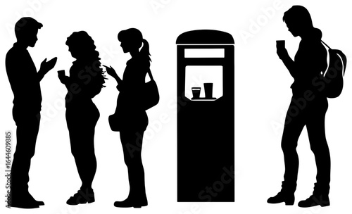 silhouette of group chatting near water dispenser