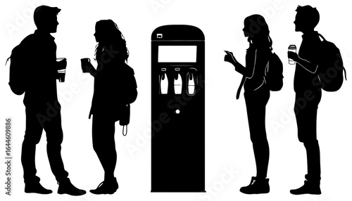 silhouette of group chatting near water dispenser