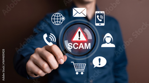 Spotting online fraud with a magnifying glass, identifying digital threats and risks