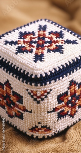 Crocheted square cap with intricate floral embroidery