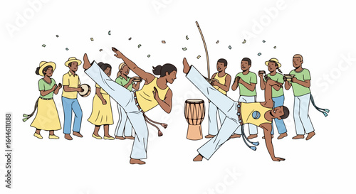 Dynamic capoeira dancers perform energetic moves with onlookers cheering and musicians playing drums