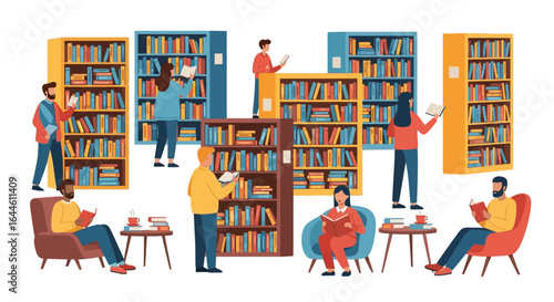 Diverse People Reading Books in a Library Illustration