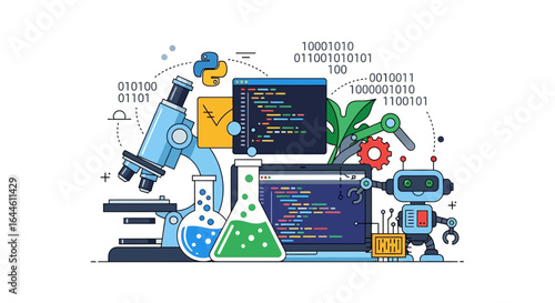 Illustration of coding, programming, and scientific equipment, blending technology with education, for learning