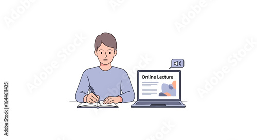 Student Engaged in Online Lecture and Remote Study, Actively Taking Notes on Laptop and Notebook for Virtual Education