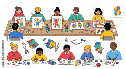Diverse community of adults and children creating together in a vibrant art class, learning painting and drawing skills in a workshop.
