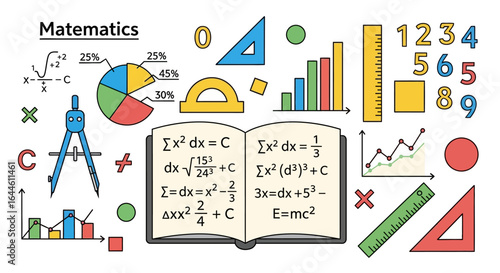Colorful illustration showcasing various mathematical tools, equations, charts, and numerical elements, depicting the subject of mathematics.
