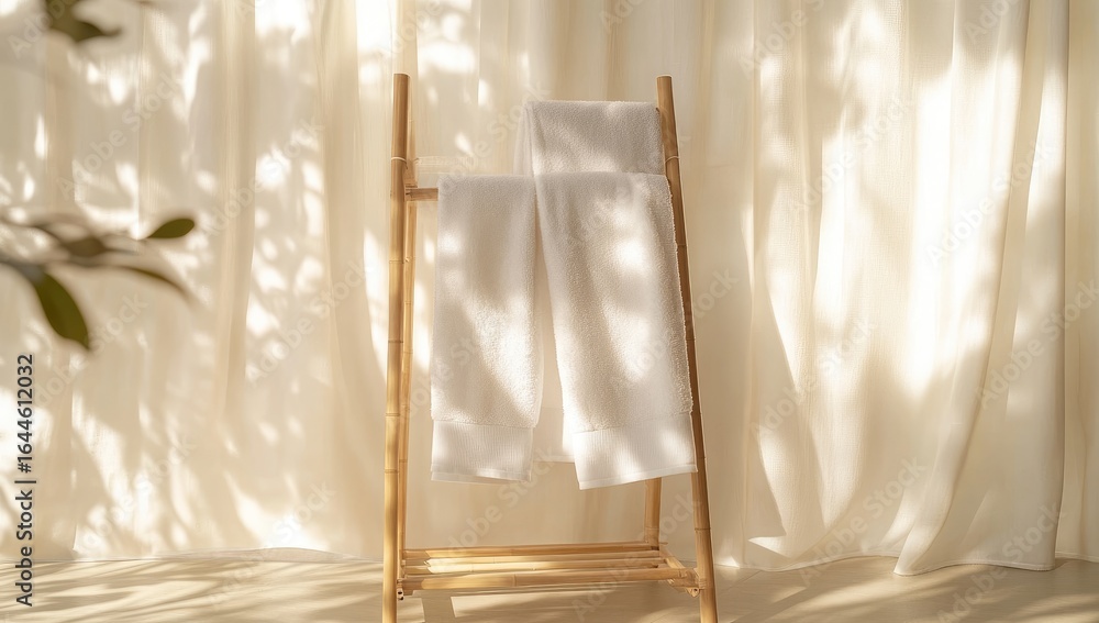 Light-filled bathroom with white towels on a bamboo rack Light-filled bathroom with white towels on a bamboo rack