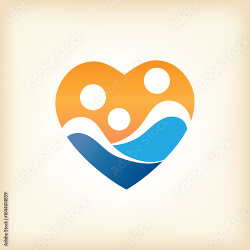The image shows a flat logo design of heart shape with abstract image of a parents and child. The logo looks clean in blue and orange color and can be used for child care related purposes.