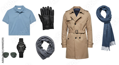 LIFESTYLE - Stylish men's fashion essentials including beige trench coat, light blue polo shirt, black leather gloves, blue scarves, black sunglasses, and black wristwatch set
