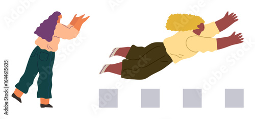 Two people engaged in a trust fall one leaps forward while the other prepares to catch them. Ideal for teamwork, collaboration, trust, support, risk, connection, leadership. Simple flat metaphor