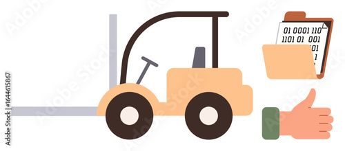 Forklift with prongs extended, data folder and binary digits, thumbs-up gesture. Ideal for logistics, data management, process approval, efficiency, warehousing, automation digital transformation
