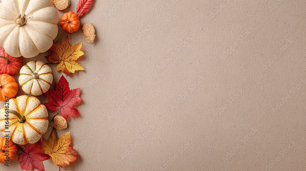 Fototapeta premium Top-down flat lay of small orange and white pumpkins with red and yellow autumn leaves on a vertical border left side, light brown background, ample copy space for Thanksgiving designs