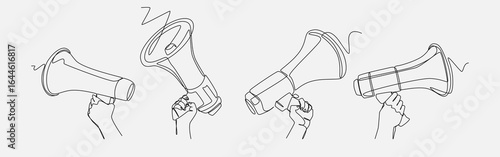 Set continuous one line drawing of hands holding megaphone. Editable vector illustration.