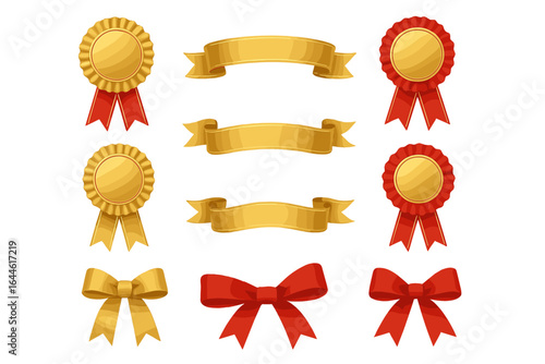 Gold award ribbons, red rosettes, and golden banners vector set. Decorative bows for celebration. Winner prize medal illustration on transparent background design.