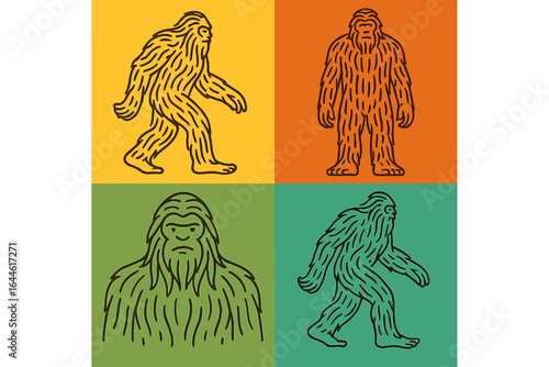 Bigfoot Sasquatch mythical creature vector line art set. Colorful pop art style illustrations of the legendary monster. Cryptozoology character icons for design.