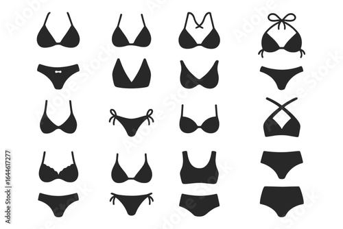 Bikini icons set. Woman swimwear collection. Black silhouette of various swimsuits, bra and panties. Summer beachwear fashion. Female lingerie and underwear vector.
