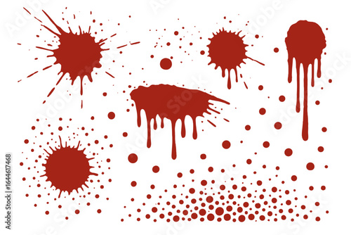 Red blood splatter vector set. A collection of drips, drops, and splatters. Halloween horror design element. Crime scene, murder, and forensic bloodstain illustration.