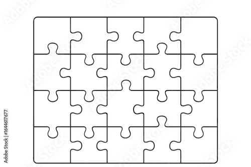 Jigsaw puzzle outline vector template. Concept of teamwork, problem-solving, and strategy. Complete set of interconnected pieces. Game, business metaphor illustration.