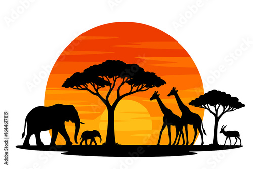 African safari vector illustration with wild animal silhouettes. Elephant family, giraffes, antelope in savanna against sunset. Africa wildlife nature landscape with acacia tree.
