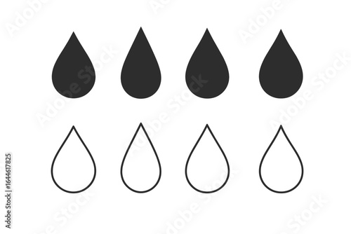 Water drop vector icon set. Collection of simple liquid droplet symbols. Black silhouette and outline teardrop shapes. Rain, oil, aqua graphic element for logo design.