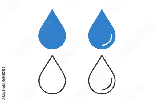 Water drop vector icon collection. Filled blue and outline linear symbols. Droplet, tear, aqua, and rain graphic element set. Flat design logo for nature or eco concept.
