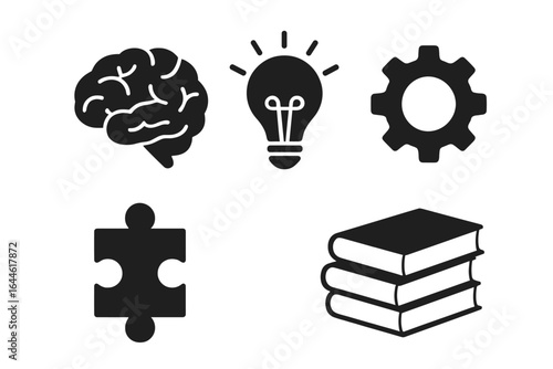 Brain lightbulb gear puzzle and book icon set, vector symbols representing education, thinking, innovation, knowledge, problem-solving, creativity, and learning concepts