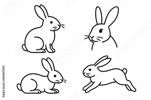 Cute bunny rabbit line art collection. Set of simple minimalist vector icons. Animal character in different poses, sitting and jumping. Outline drawing for Easter or pet themes.