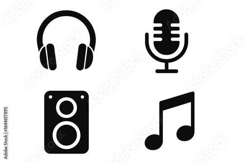 Music and audio black glyph icon set. Vector symbols for headphones, microphone, studio speaker, and musical note. Podcast and broadcast equipment illustration for web.