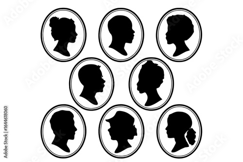 Cameo silhouette collection of diverse profiles. Vector set of vintage man, woman, child head portraits. Classic antique avatar icons for graphic design or historical projects.
