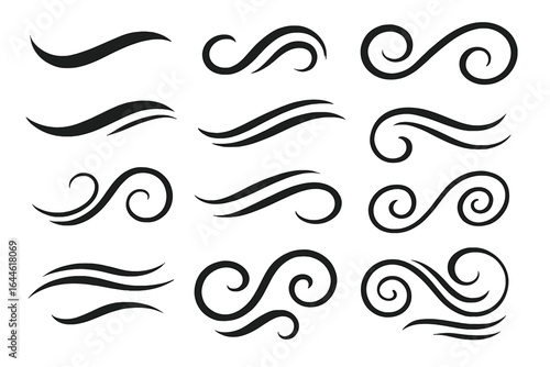 Black swooshes and swirls collection. Hand drawn calligraphic flourish ornament set. Vector elegant vintage underline or text divider elements for typography design.