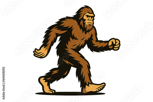 Bigfoot walking vector illustration. Sasquatch mascot character. Mythical creature, wild ape man cryptid logo for team or brand. Isolated paranormal monster legend design.