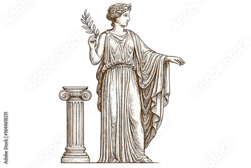 Ancient Greek Roman goddess in toga with laurel wreath and olive branch. Classical woman statue near ionic column. Engraving sketch illustration. Mythology, antique history.
