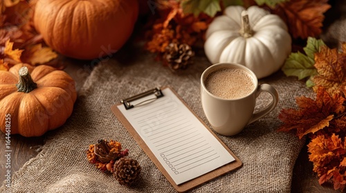 Autumnal planner, pumpkins, coffee