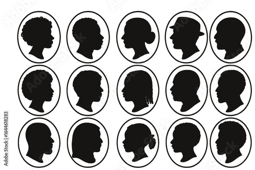 Collection of diverse cameo silhouettes. Vector set of male and female profiles for identity, character design, or avatar. Anonymous people heads in vintage oval frames.