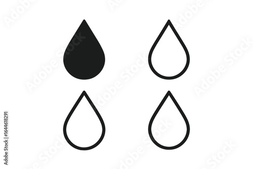 Water drop vector icon set. Simple flat liquid droplet symbol collection. Black filled and outline tear shapes. Concept of rain, oil, blood, aqua, pure water.