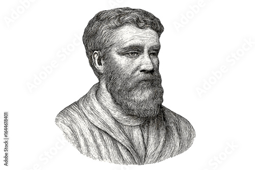 Vintage portrait of a historical figure. Hand-drawn illustration of a bearded man. Engraving sketch style. Philosopher, writer, or scientist. Wisdom and knowledge concept.