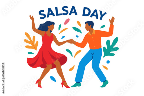 Salsa dancing couple celebrating. Happy man and woman at Latin dance party or festival. Vector illustration for Salsa Day. Dancers in motion, passion, energy concept.