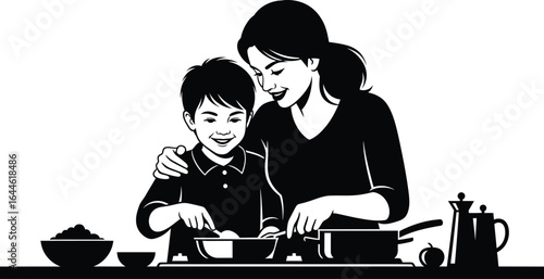 Silhouette of a mother and child cooking together, showcasing love, care, and family bonding in the kitchen, preparing a homemade meal with affection