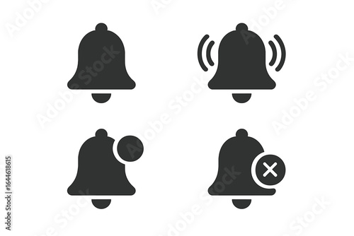 Bell icons vector set for alerts and notifications, ringing, new alert, muted and disabled bell symbols, modern interface elements, transparent background