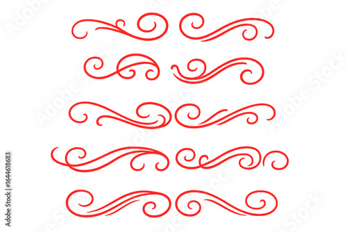 Set of red calligraphic swirls. Decorative flourishes and curves. Vector page divider, border, and ornament elements for graphic design and artistic elegant projects.